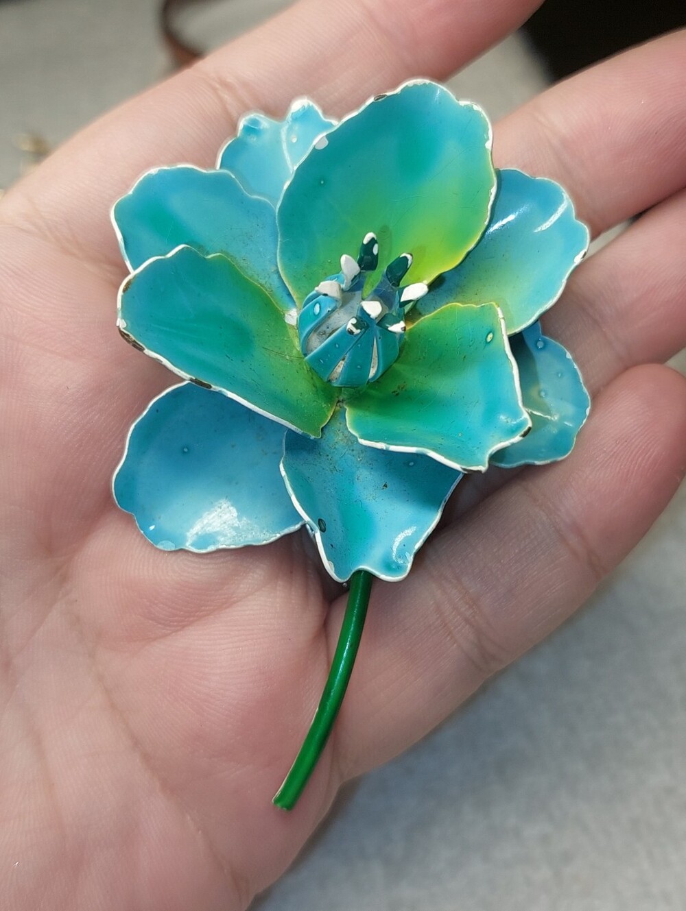 Handcrafted Vintage Teal Flower Accent Brooch
